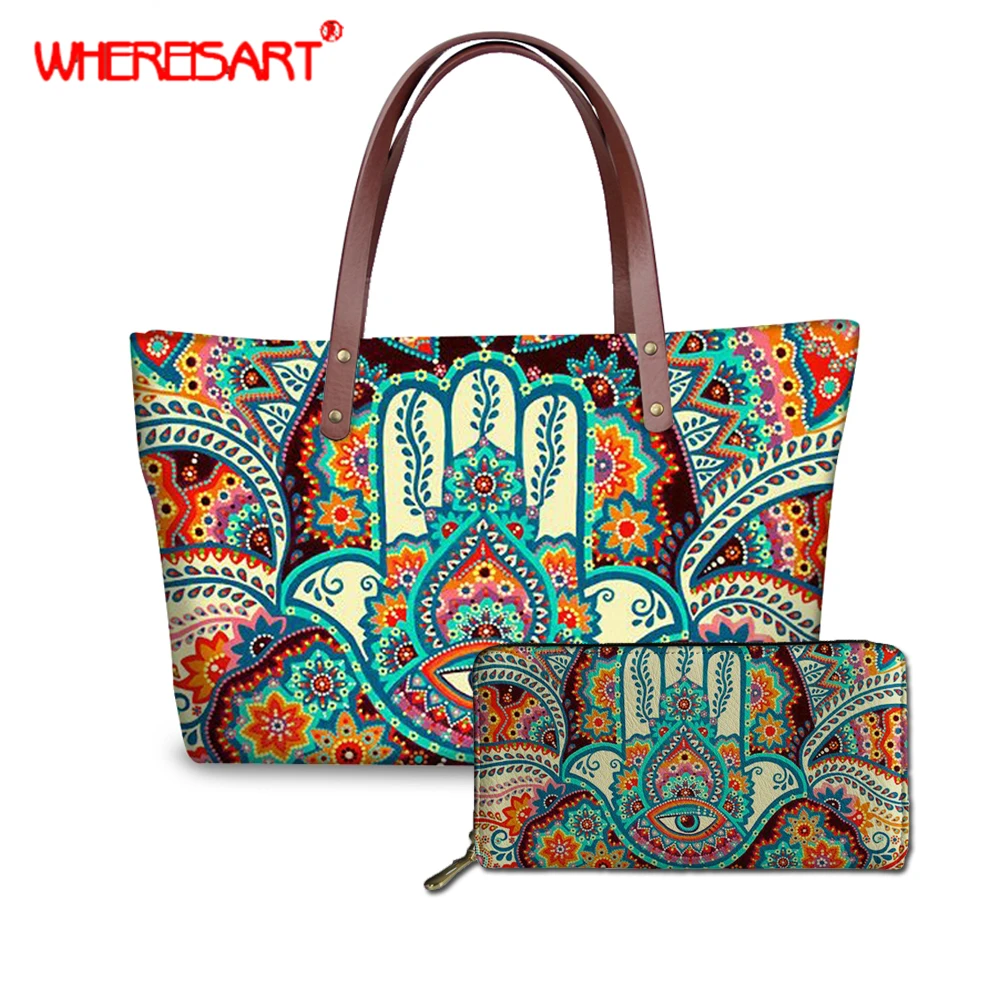WHEREISART Hamsa Fatima Hand Bags for Women Handbags Casual Handle-Top Shoulder Bags Retro Large Messenger Bag For Ladies Wallet