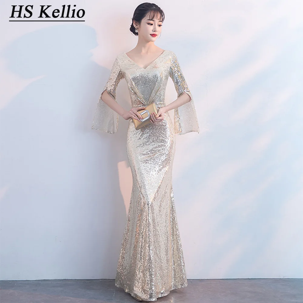 

HS Kellio Celebrity Dress Mermaid With Shiny Sequined Lace Women Party Gown Long Sleeves