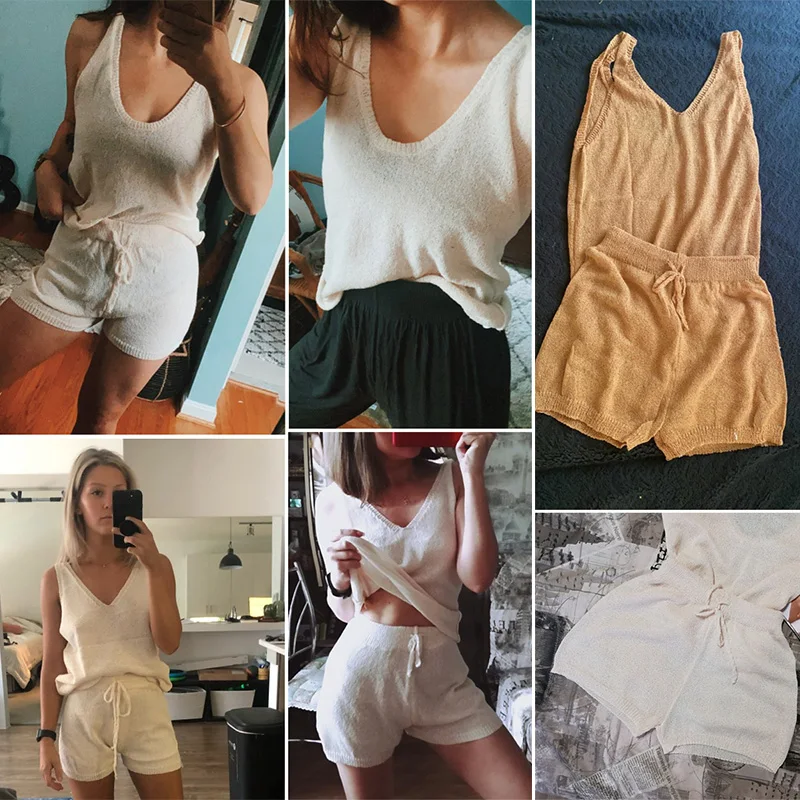 Aproms Boho albaricoque trajes de punto las mujeres Tops y pantalones cortos elegante 2 piezas conjunto de verano de cintura alta playa mameluco Bikini 2021