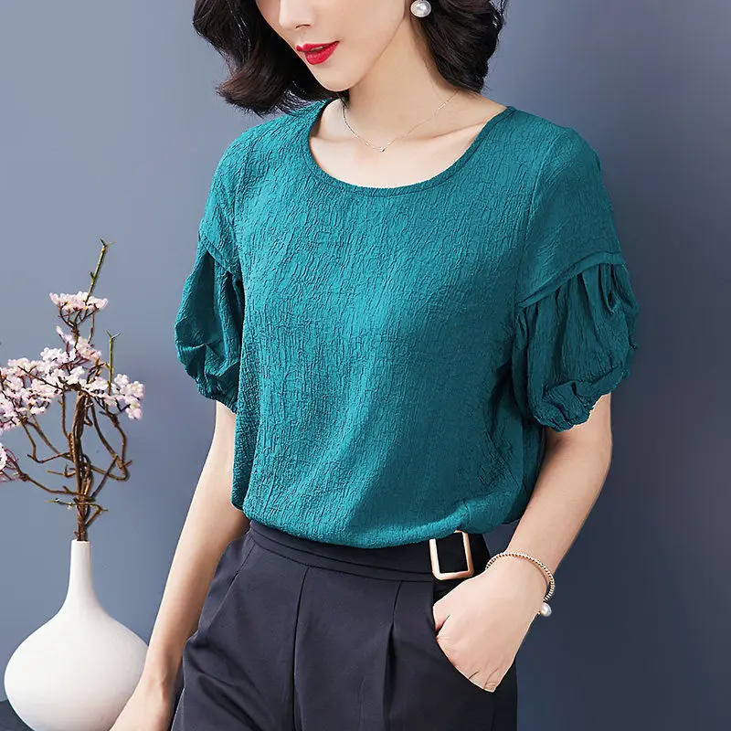 

Женская шифоновая блузка, однотонная, с круглым вырезом и Расклешенным рукавом, весна-лето, SP163