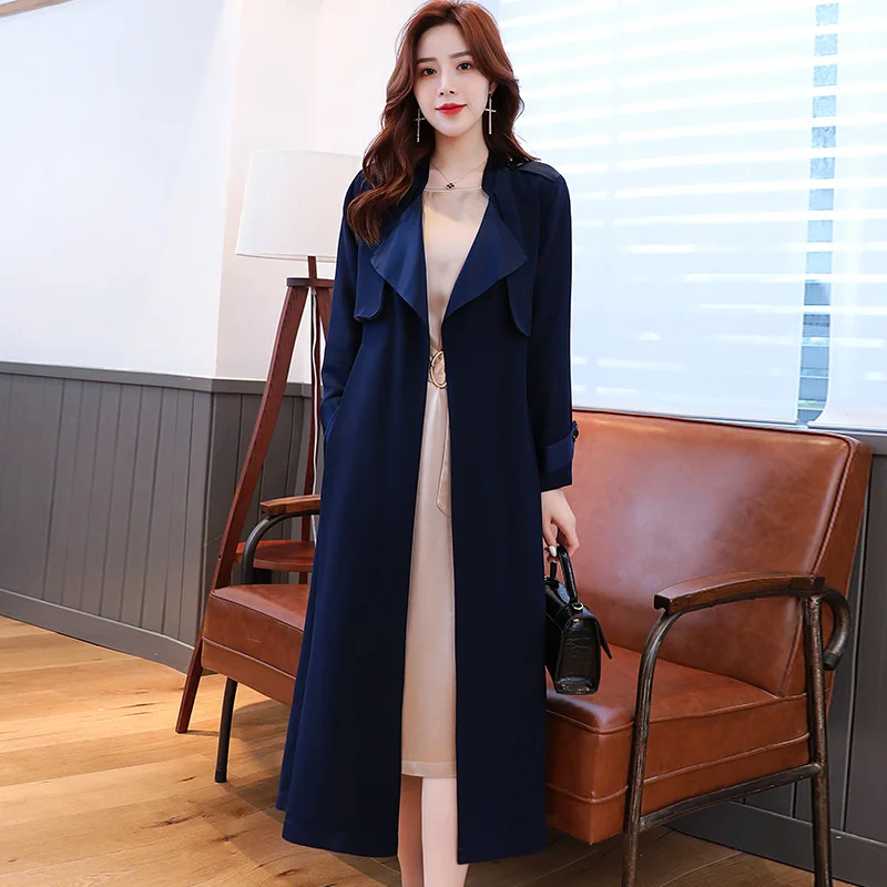 

2021 spring and autumn new thin women's green windbreaker with waistband showing thin, medium and long temperament women's coat