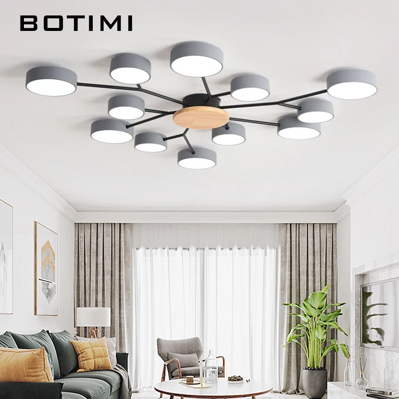 

BOTIMI New Arrival Modern LED Chandelier With Round Gray Metal Lampshades For Living Room Nordic Ceiling Mounted Bedroom Lustre