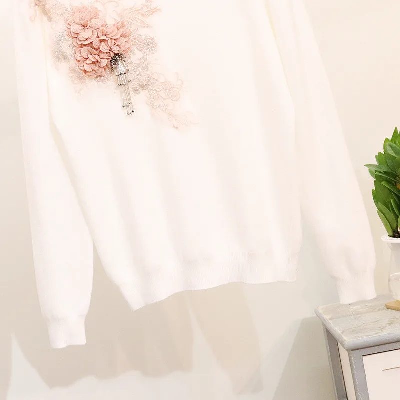 

Cute Women Sweaters 2018 Autumn 3D Flower Appliques Fashion Jumpers Female Long-sleeved Loose Pullover Beading White Knit Shirts