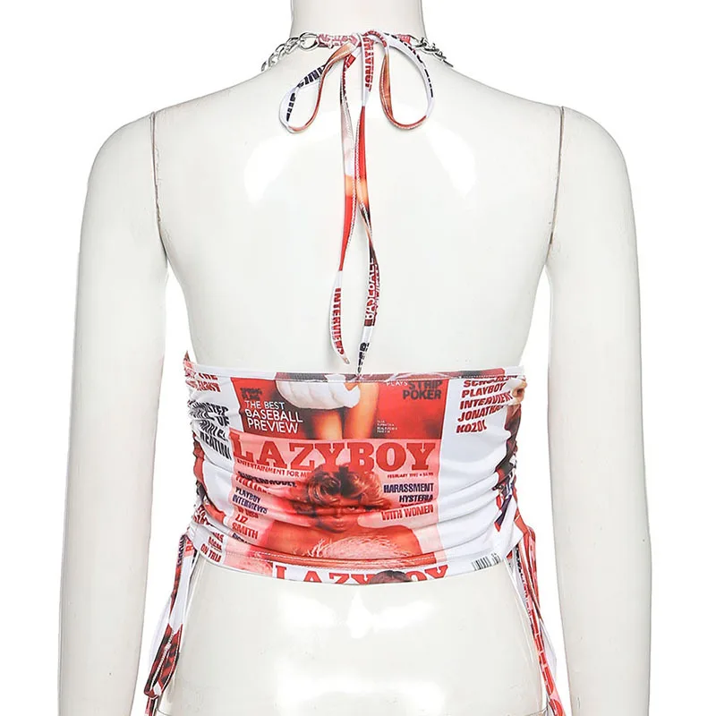 

Summer Tank Tops Y2K Street Sexy Slim Strap Shirring Character Sleeveless Printing Strap Halter Sling Vest Casual Fashion 2021