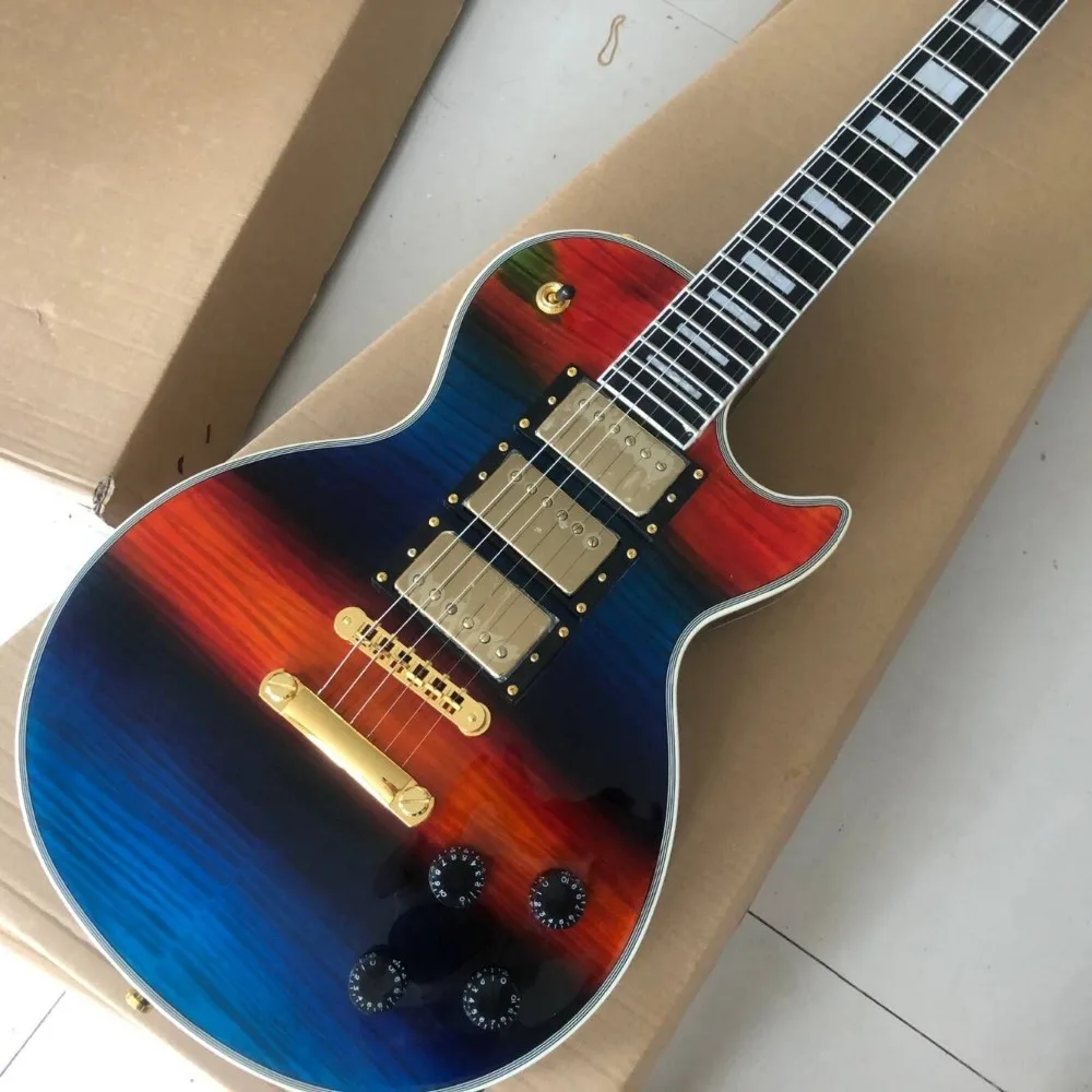 

Пользовательская электрическая гитара tiger flame top, золотая металлическая гитара gitaar, мост Tune-o-Matic. Высокое качество 3 пикапа