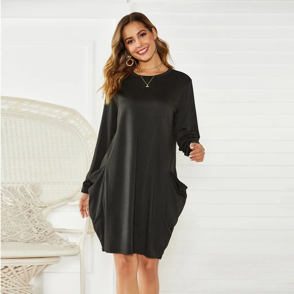 Новинка 2020 женское однотонное платье модное свободное с карманами повседневное