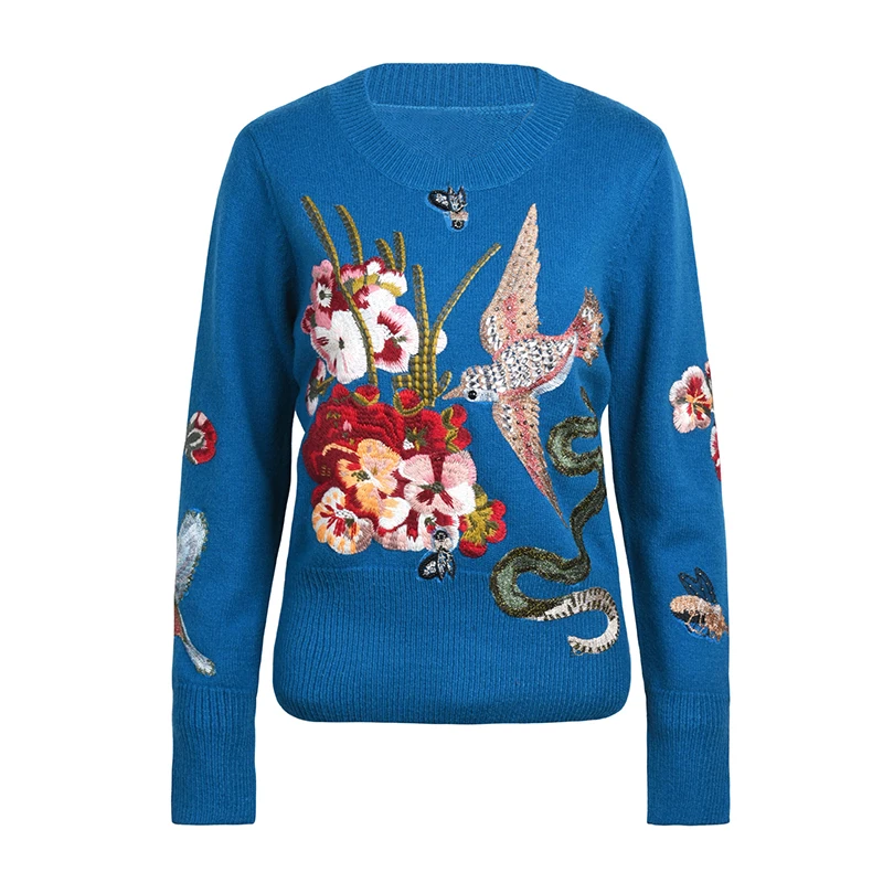 

2021 Winter Christmas Runway Women Pullovers Sweaters Luxury Blue Beading Bird Embroidery Vintage Ladies Sweater Jumper Clothes