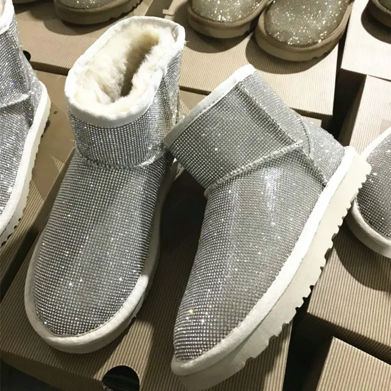 2019 Стразы зимние сапоги женская обувь теплые с натуральной шерстью Меховые