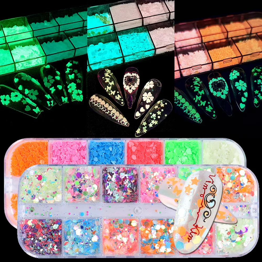 

12 Grids/Set Fluorescent Butterfly Heart Shaped Star Moon Nail Luminous Thin Sequins Nail Glitter Nail Art Glow in the Dark