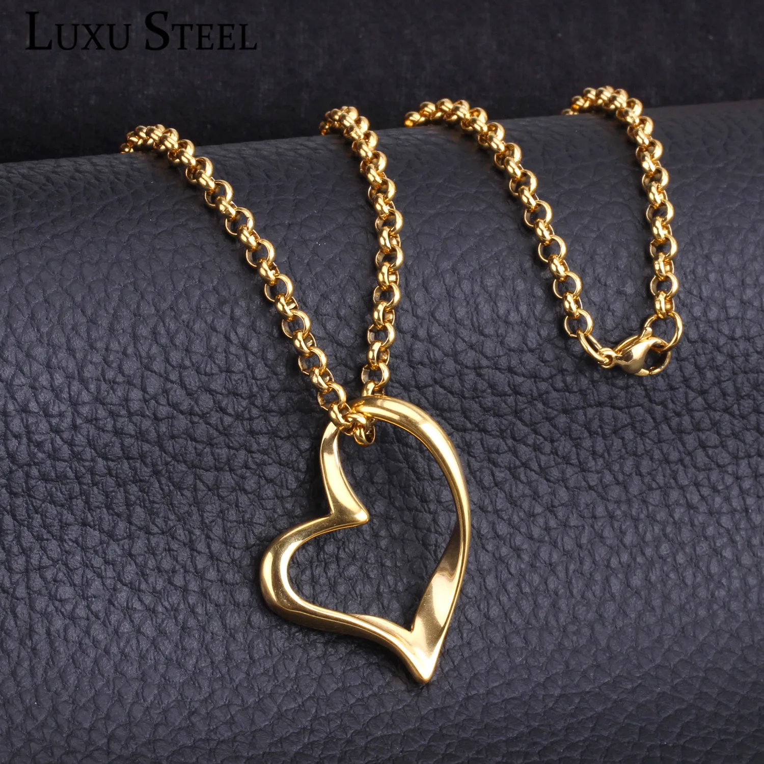 

LUXUSTEEL Gold Color Heart Pendant Necklace Collars Choker Accessories Stainless Steel Long Link Chains Necklaces Christmas Gift