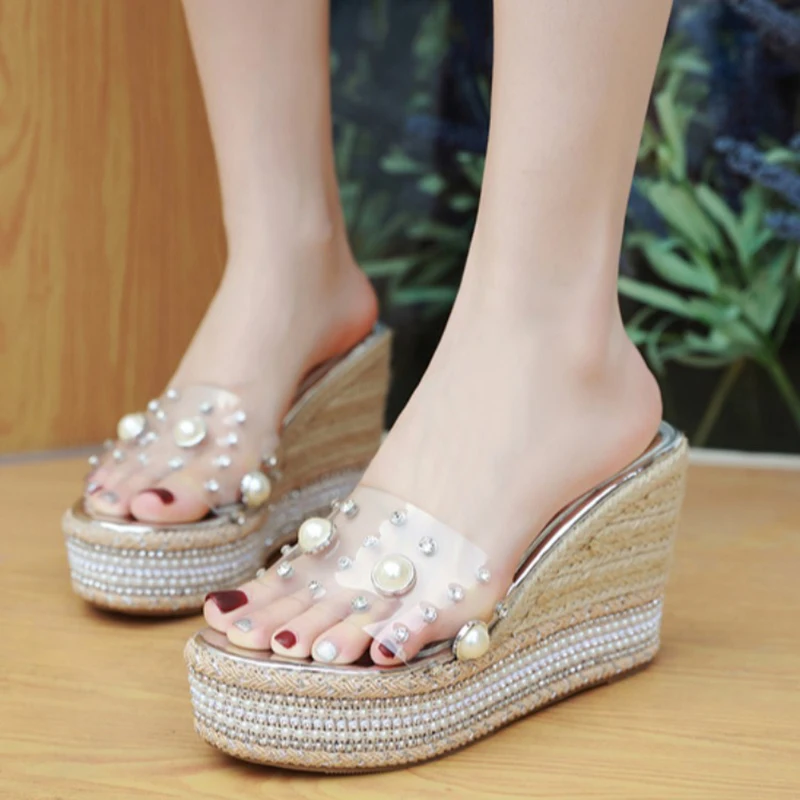 Прозрачные шлепанцы с жемчугом и кристаллами Женская обувь без шнуровки Женские