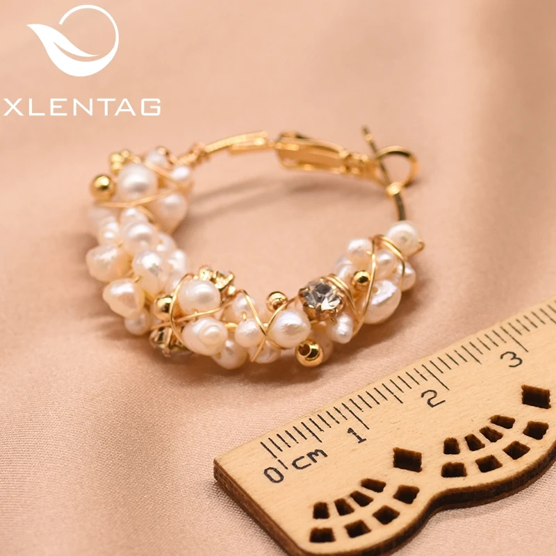 Женские серьги-кольца XlentAg ручной работы с натуральным жемчугом и цирконием для