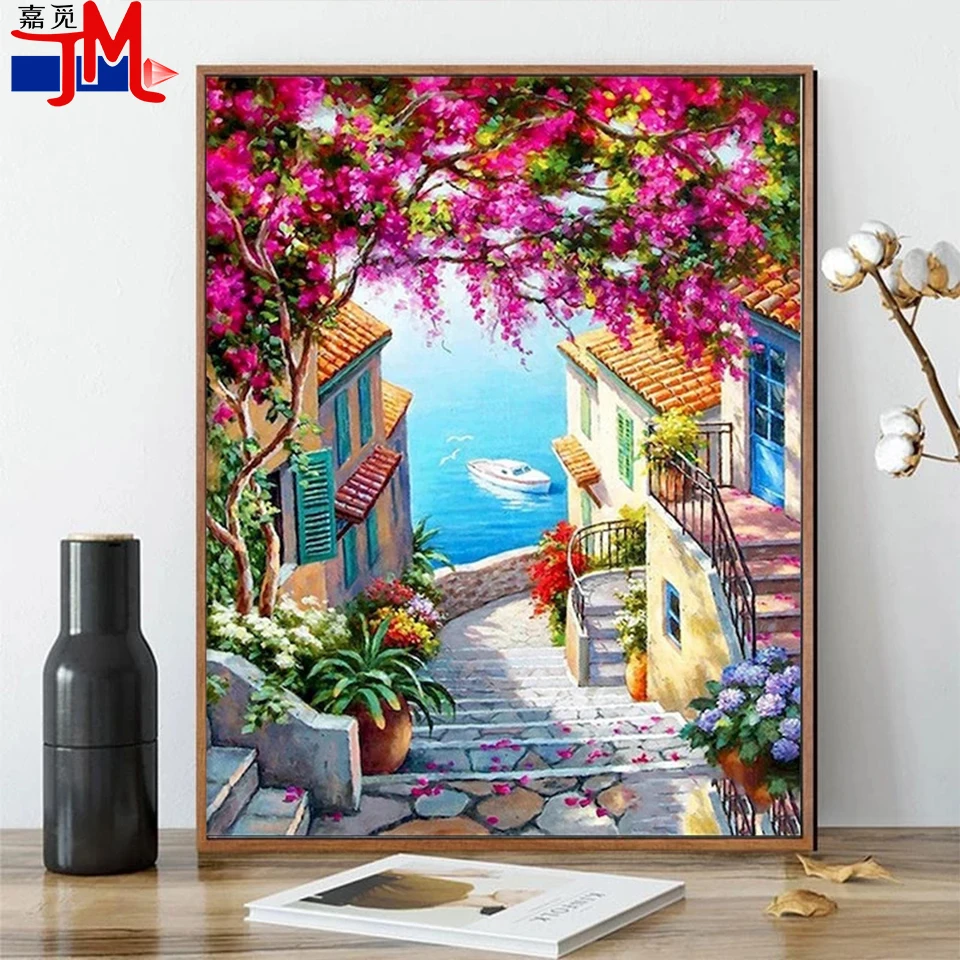 

Diamond Embroidery Cross Stitch Flower Island Street Landscape Diamond Painting Square Round The View Of The City Picture Decor