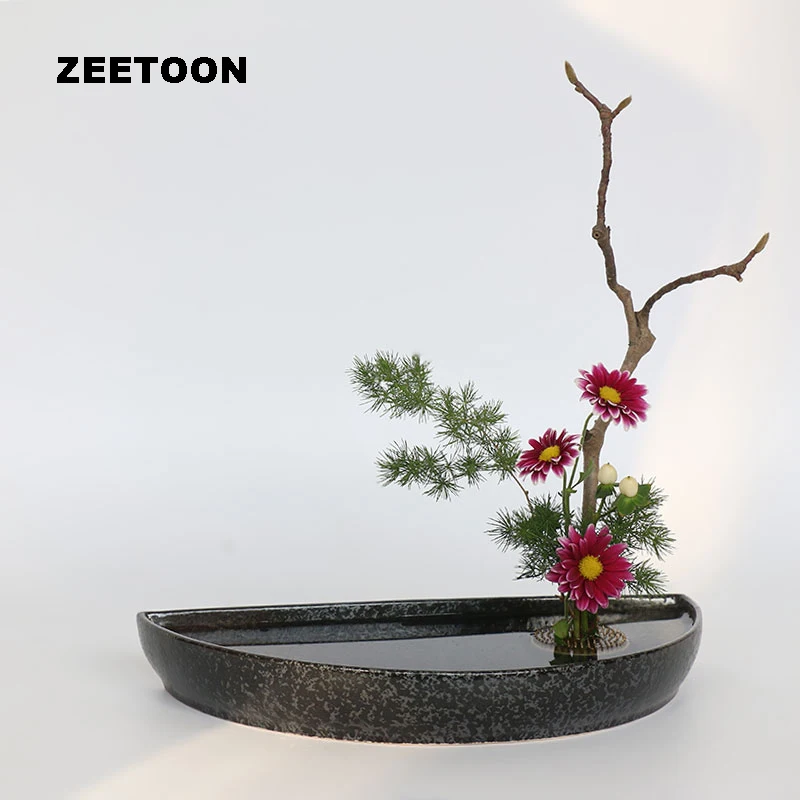 Черный Zen Винтаж грубая керамика полукруг японский цветочный горшок мелкий