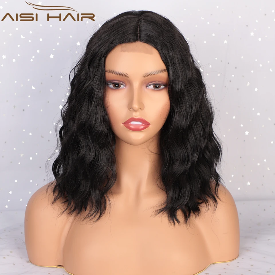

AISI HAIR Synthetic Wigs for Black /White Women Short Black Bob Wig Water Wave Lace Wig Middle Part High Temperature Fiber