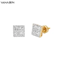 vanaxin micro pave iced stud earrings for men shiny aaa cubic zirconia earrings female square golden jewelry party gift box