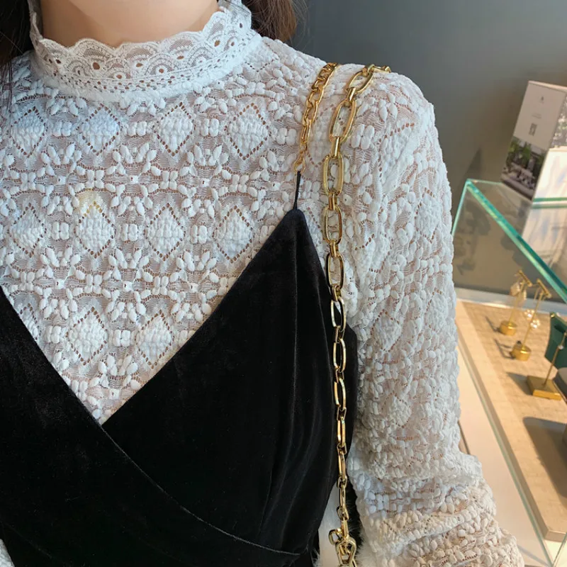 

2020 Autumn Winter New Korean Women's White Lace Shirt Blouse Long Sleeve Solid Stand Collar Sexy Elegant Bottomed Shirts Tops