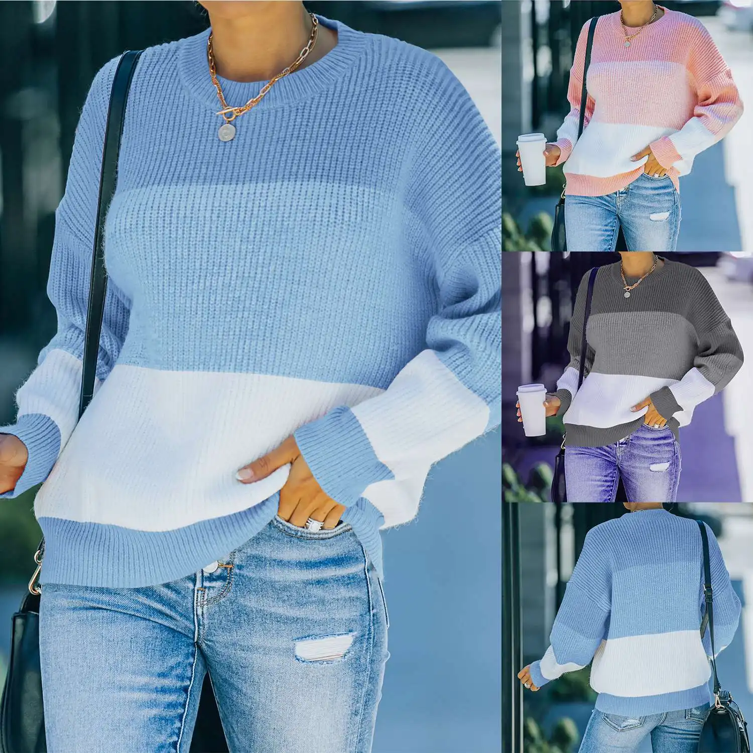 

Women's Slim Cropped Color Contrast Sweater Long Sleeve Loose Knit Jumper Tops