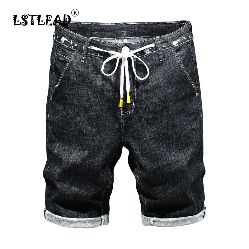 

Solid Color Slim Straight Denim Stretch Five-point Pants Men's Trendy Elastic Waist Lace-up Middle Pants Youth All-match Pants