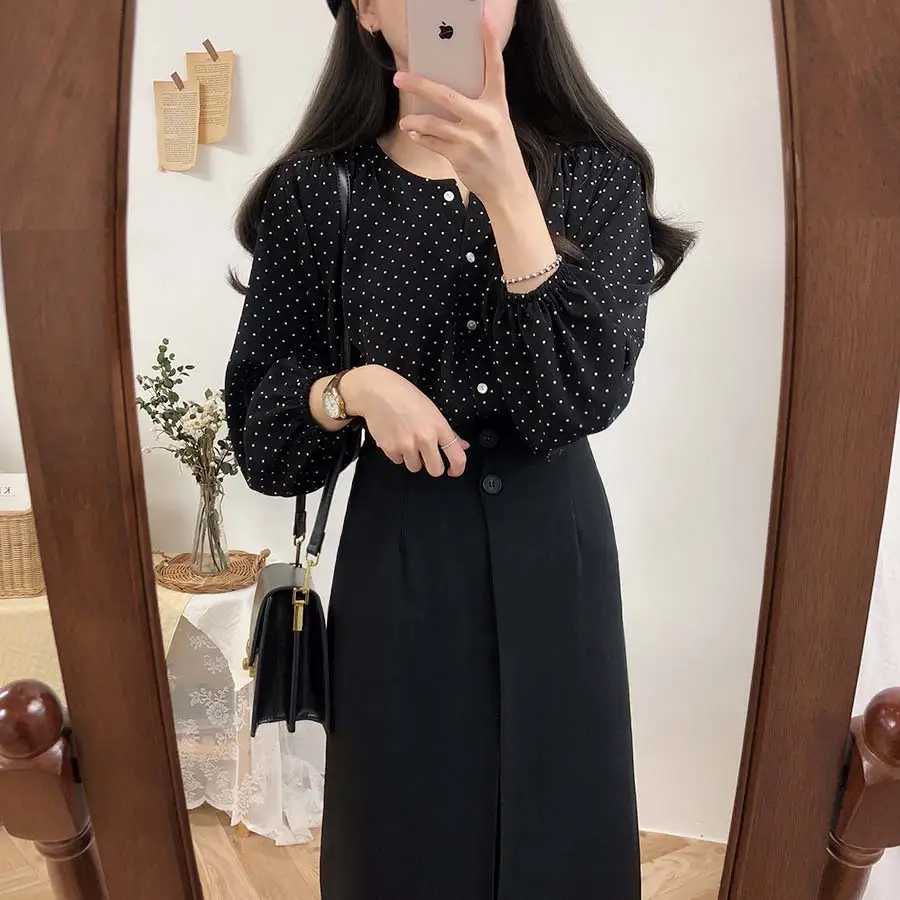 S XL, Новая Винтажная рубашка в горошек, женские топы, женские блузки с длинными рукавами для девочек, большие размеры, осенние женские блузки, femme Blusas