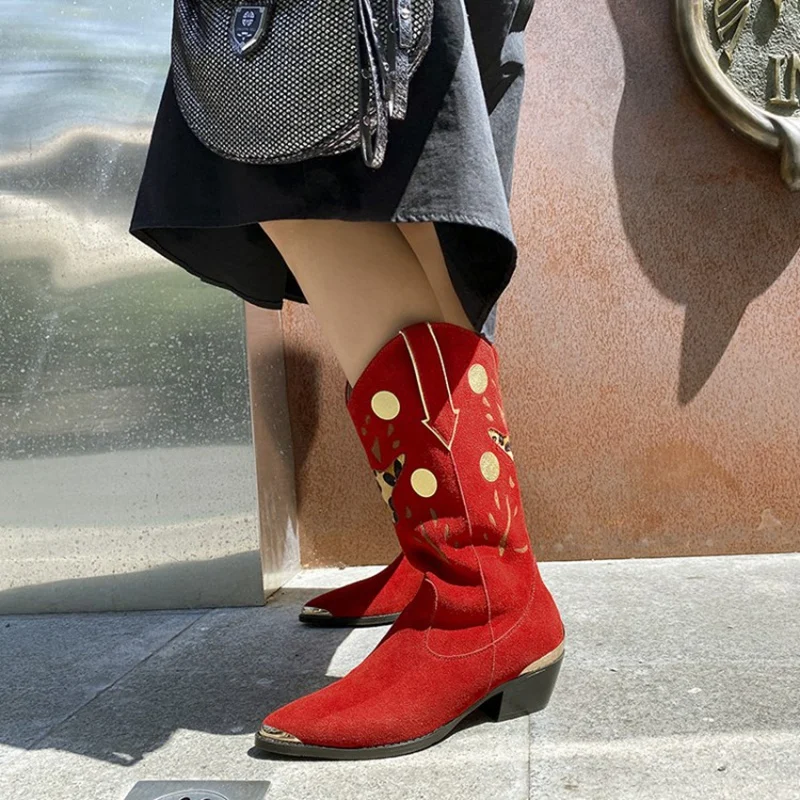 

RIZABINA Real Leather Women Knee Boots Pointed Toe Polka Dot Slip On Shoes Winter Warm Boots Party Footwear Size 34-39