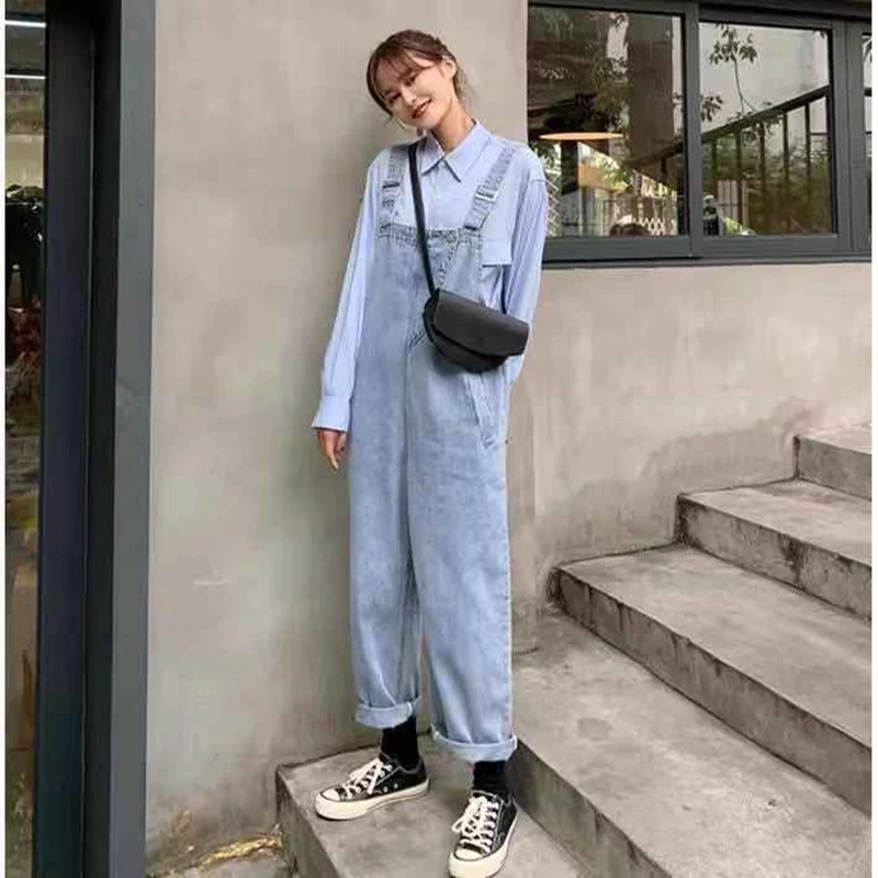 

Women Denim Jumpsuit retro loose wide leg pants straight tube college style casual pants Korean version Street oversize trousers
