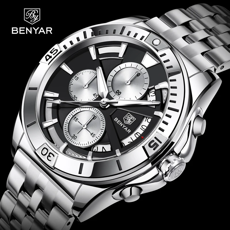 BENYAR 2021 New Fashion Men's Watches Stainless Steel Top Brand Luxury Sport Chronograph Quartz Watch For Men Relogio Masculino