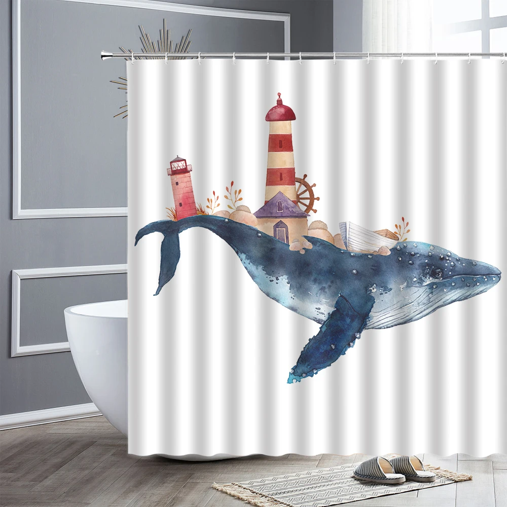 

Cartoon Shower Curtain Whale Lighthouse House Creative Children Bathroom Decor Bath Curtains Waterproof Polyester Fabric Hooks