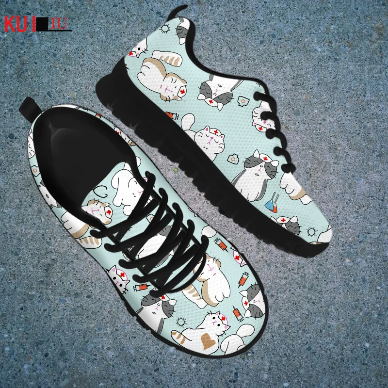

KUILIU Autumn Caroon Medical Cat Casual Flat Shoes Women Sneakers Shoes Brand High Quality Comfortable Mesh Flats Female Shoes
