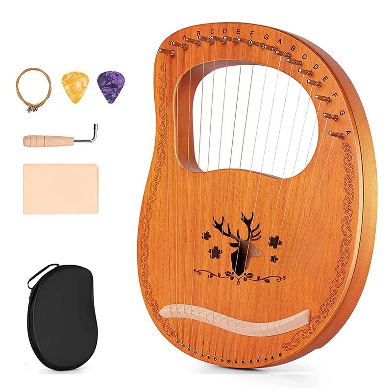 Lyre Harp, 16 String Mahogany Plywood Body String Instrument with Tuning Wrench and Storage Bag&Tuning Tool