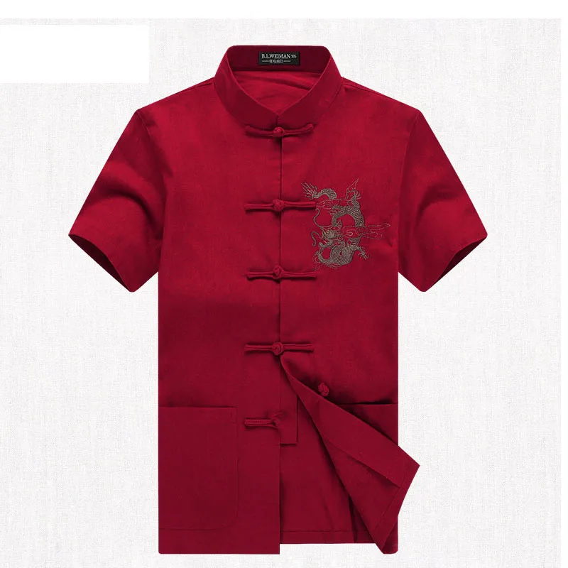 

Summer Men Short Sleeve Tang Suit Top Shirt Blouse Embroider Dragon Traditional Chinese Clothes For Men Old People Novelty