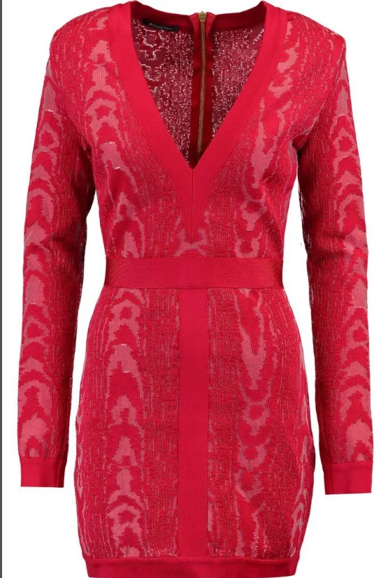 

High Quality Red Dress Fashion V-Neck Jacquard Elegant Night CLub Long SLeeve Celebrity Party Dress Bodycon Dress