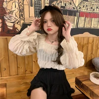 shirt french temperament square collar thin section long sleeved chiffon shirt female summer new style korean slim slimming top