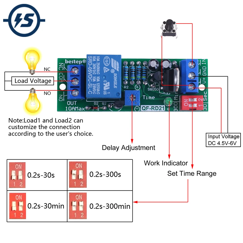 

0.2S-300M Time Delay Relay Switch Precise 4 Gear Adjustable Timer Control Power Off Delay Auto Disconnect Switch DC 5V/12V/24V