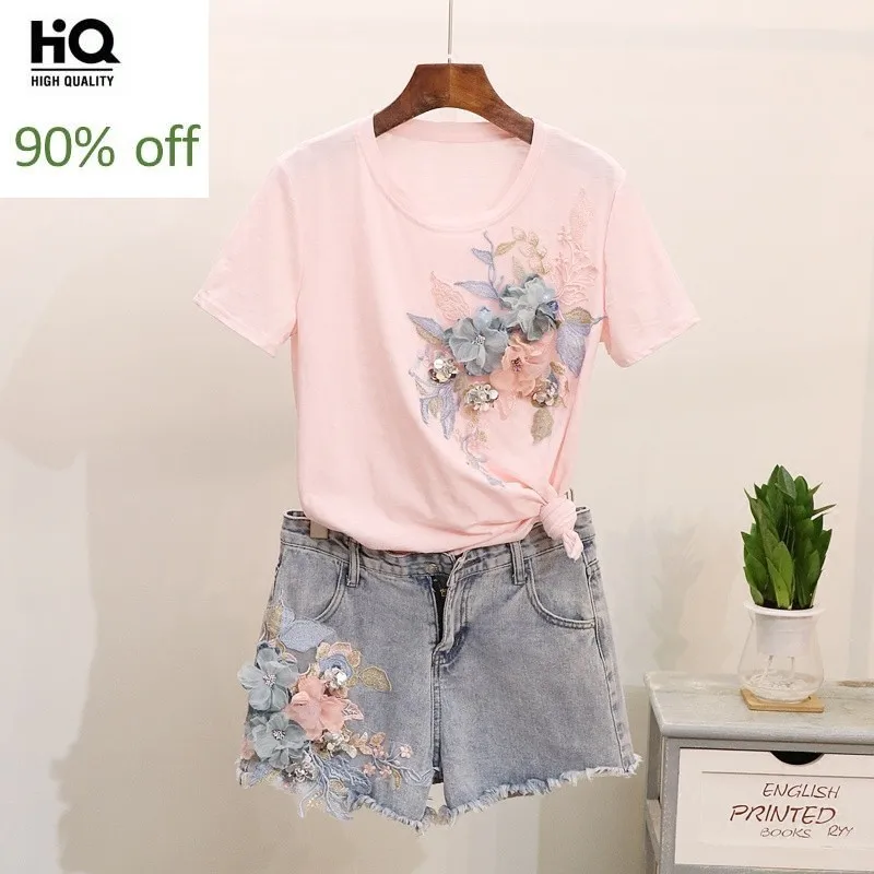 Летние женские футболки с цветочной вышивкой расшитые блестками новинка 2020