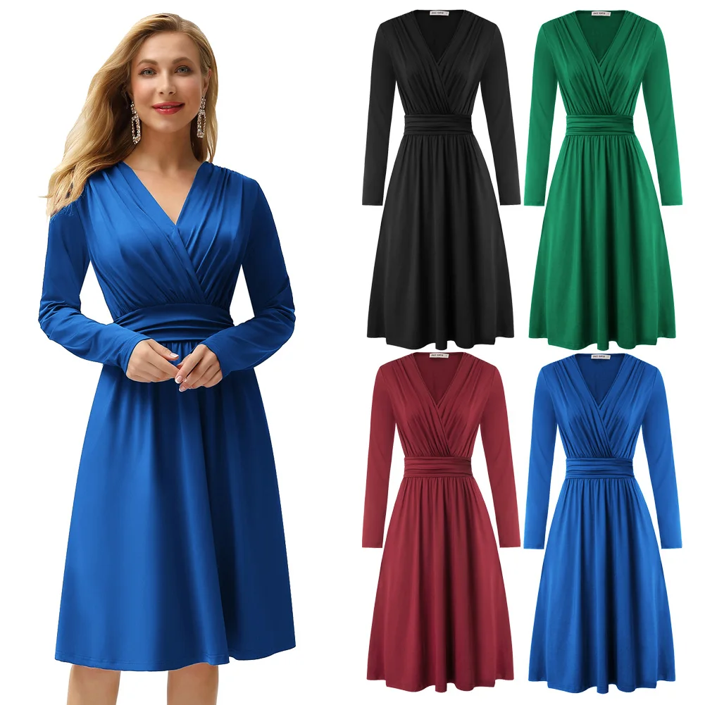 

Casual Dresses Women Surplice V-Neck Pockets Ruched Pleated Solid Knee Length Long Sleeve A-Line Swing Dress Party Evening Lady