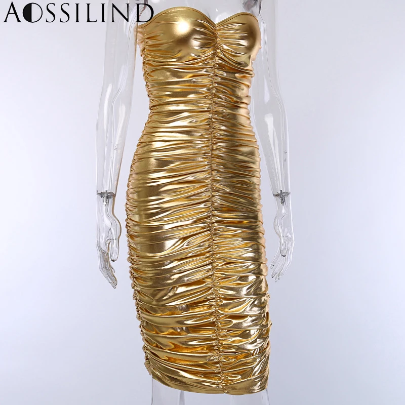 

AOSSILIND Gold Strapless Party Dress Sexy Knee Length Bodycon Women Club Dress Elegant Backless Midi Dresses