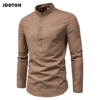jddton new men spring cotton linen kimono shirt long sleeve solid leisure chinese clothes casual stand collar shirts je677