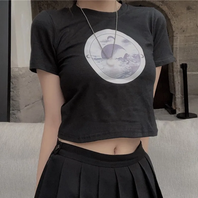 

Women's O Neck Print Casual Slim Exposed Navel Short Sleeve T Shirt Tops