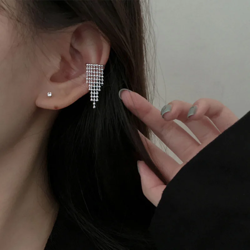 

PANJBJ 1 Piece 925 Sterling Silver Round Bead Tassel Clip Earrings For Women Trendy Personality No Pierced Ear Bone Jewelry