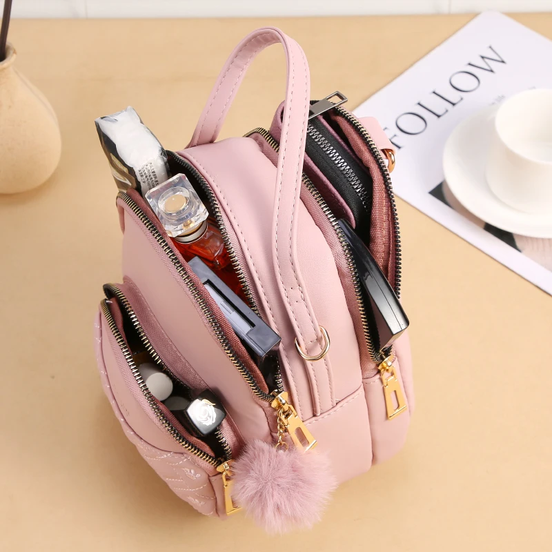 

New College Style Fashion Backpack For Women Lovely Fluff Ball Maiden Backpack PU Leather Female Cartoon Embossing Designer Bag