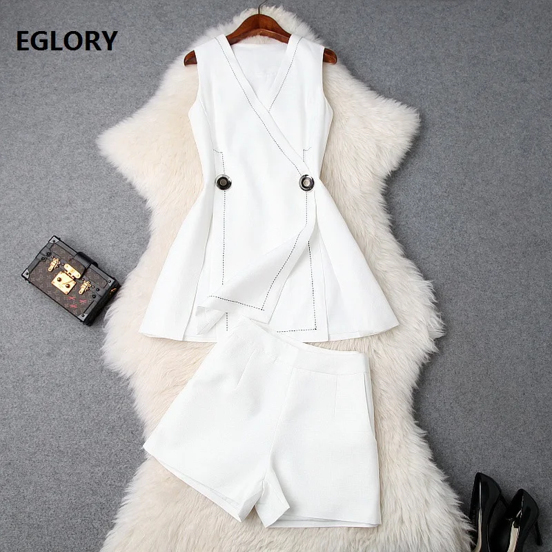 

Newest Fashion Designer Clothing Sets 2020 Summer Women V-Neck Big Button Long Vest Tops Coat+Wide Leg Short Sets Suit Casual