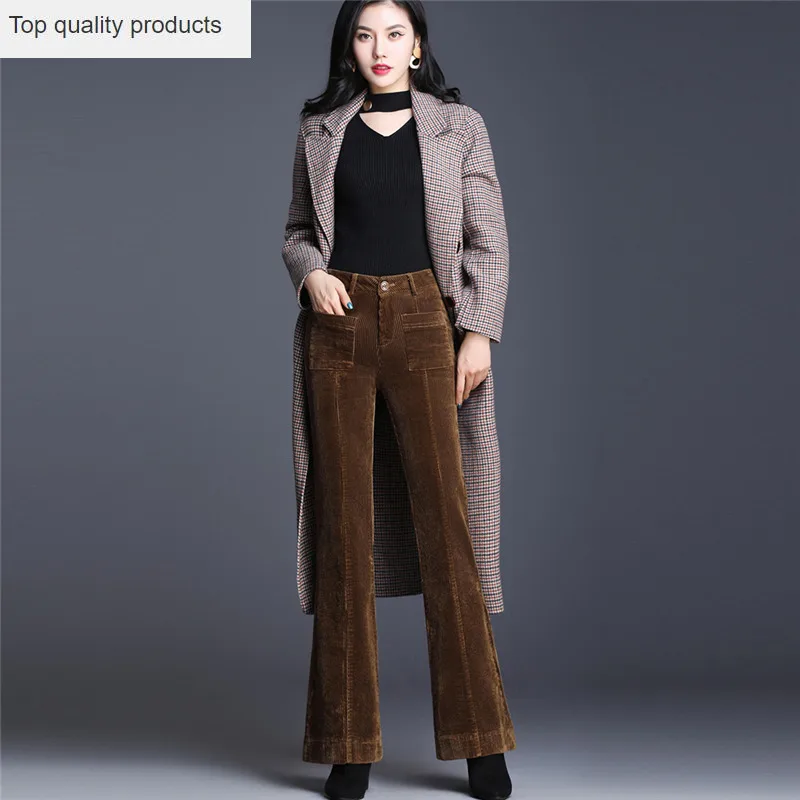Осенне зимние вельветовые расклешенные брюки с высокой талией женские бархатные
