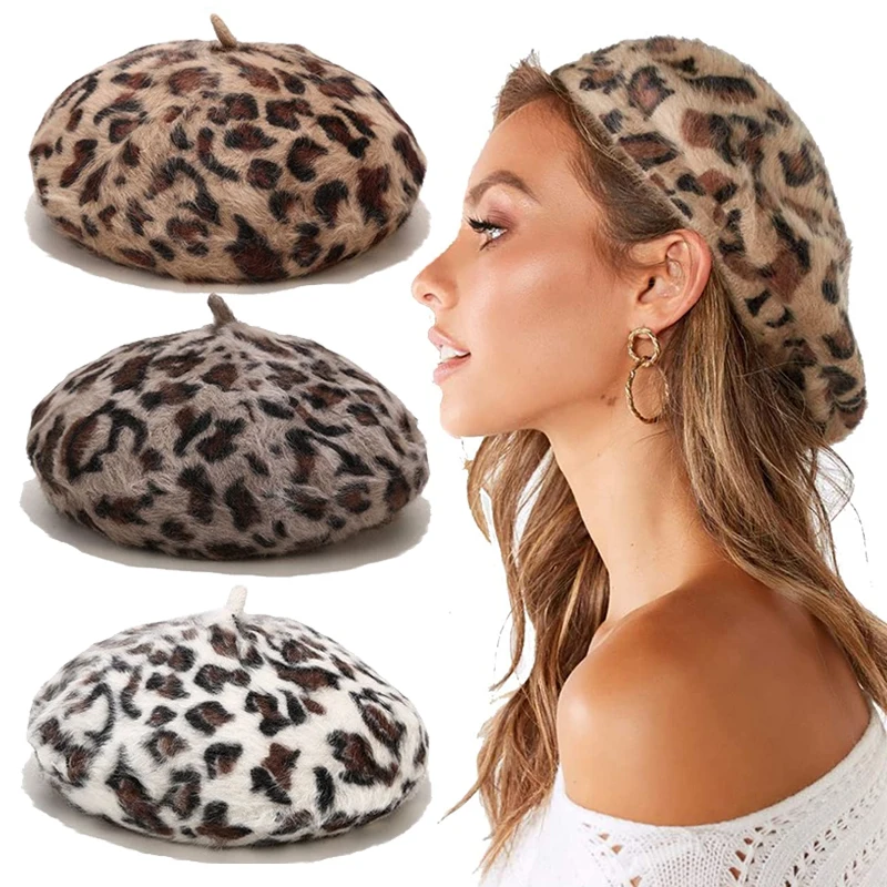 

Модный дизайн 2021, зимние шикарные женские пушистые береты из кроличьего меха с леопардовым принтом, удобные вязаные шапки из кроличьего мех...