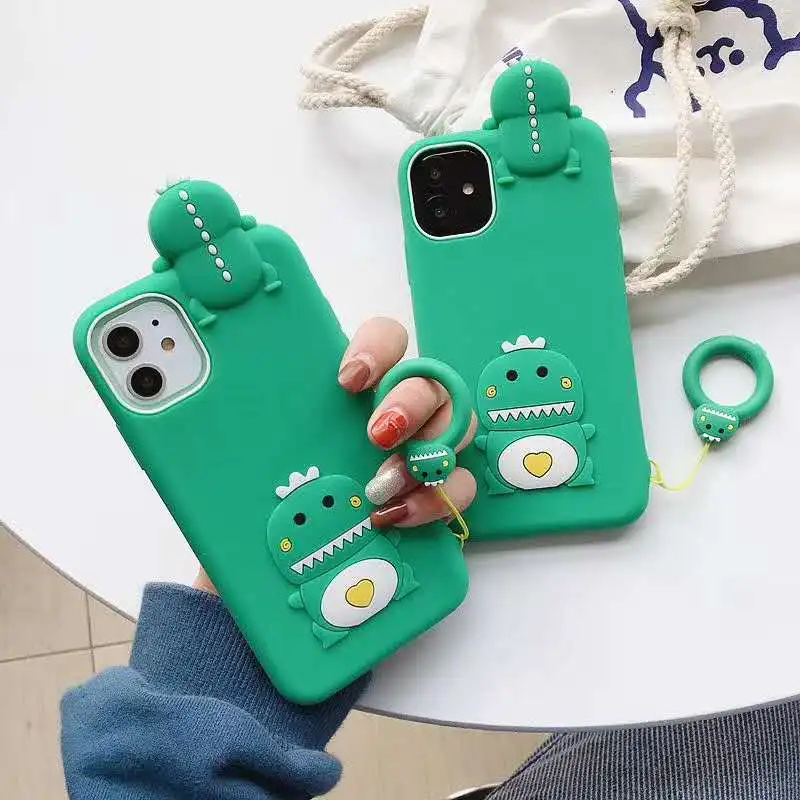 

Cute Small Green Dinosaur Case for IPhone 11 Case SE 12 Pro X XR XS Max 8 7 6S Finger Ring Strap Soft Silicone Cover Shockproof