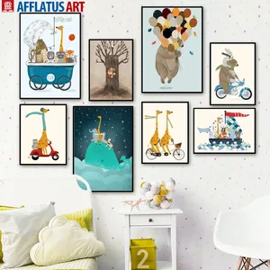 Милый медведь, лиса, жираф, енот, дерево, морские животные, настенная живопись, постеры и принты в скандинавском стиле, настенные картины, декор детской комнаты