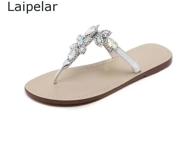

New 2021 Leisure Women Shoes Rhinestones Summer Chains Thong Gladiator Flat Sandals Slippers Crystal Chaussure Size35-46