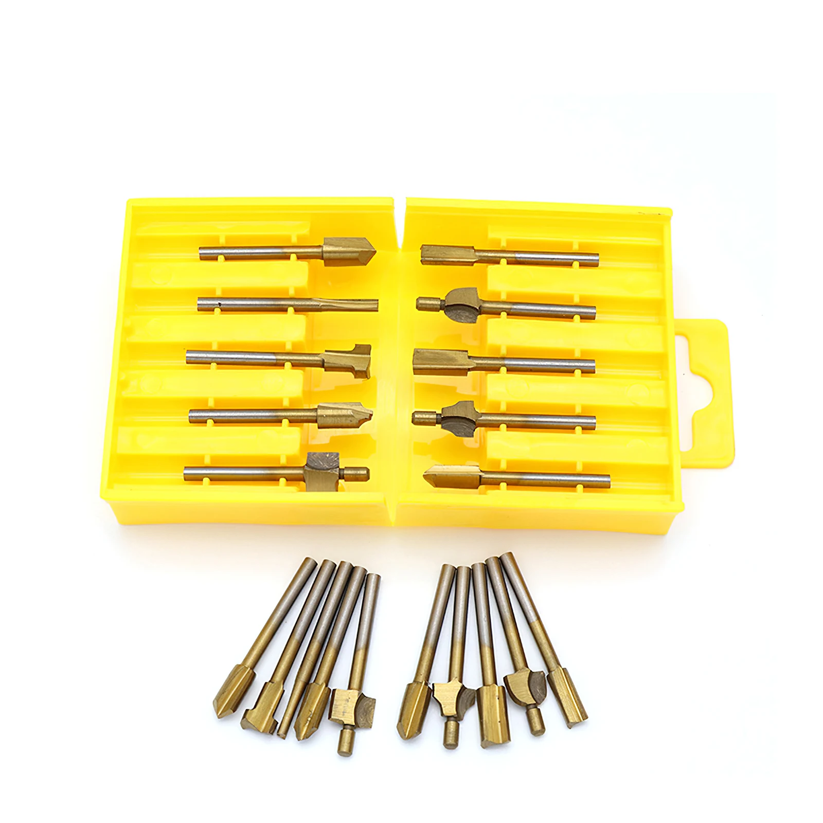

10pcs HSS Shank Router Bit Straight V Flush Trimming Cleaning Round Corner Cove Box Milling Cutter Woodworking Carving Set