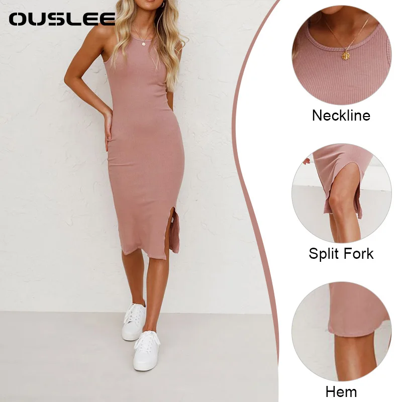 

OUSLEE Cotton Knitted Split Slim Dress Women Summer Sleeveless Sexy Bodycon Dresses Female Casual Party Tank Dress Vestido Mujer