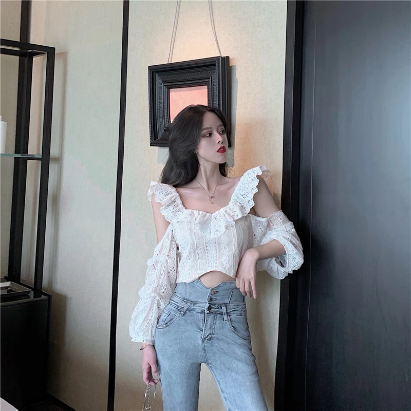 

square collar hollow out lantern sleeve full sweet off shoulder crop top autumn tops Women's Clothing high quality shirts Korean